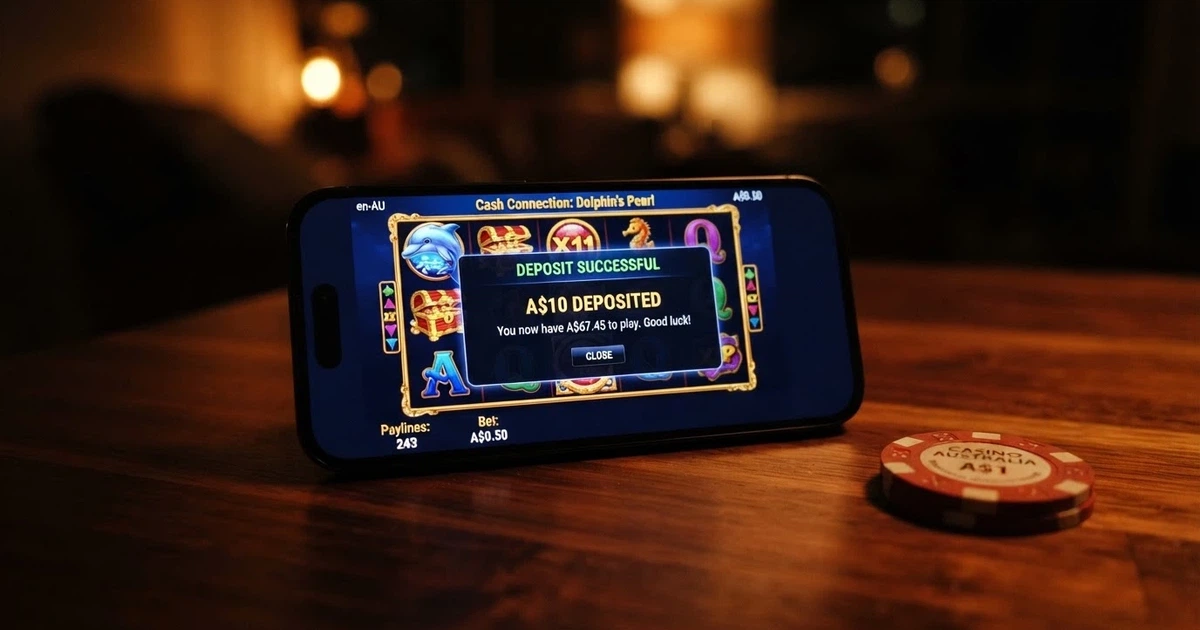 A smartphone displaying an online pokies game with an AU$10 deposit confirmation on screen, set against a dark background with subtle casino-brand colours