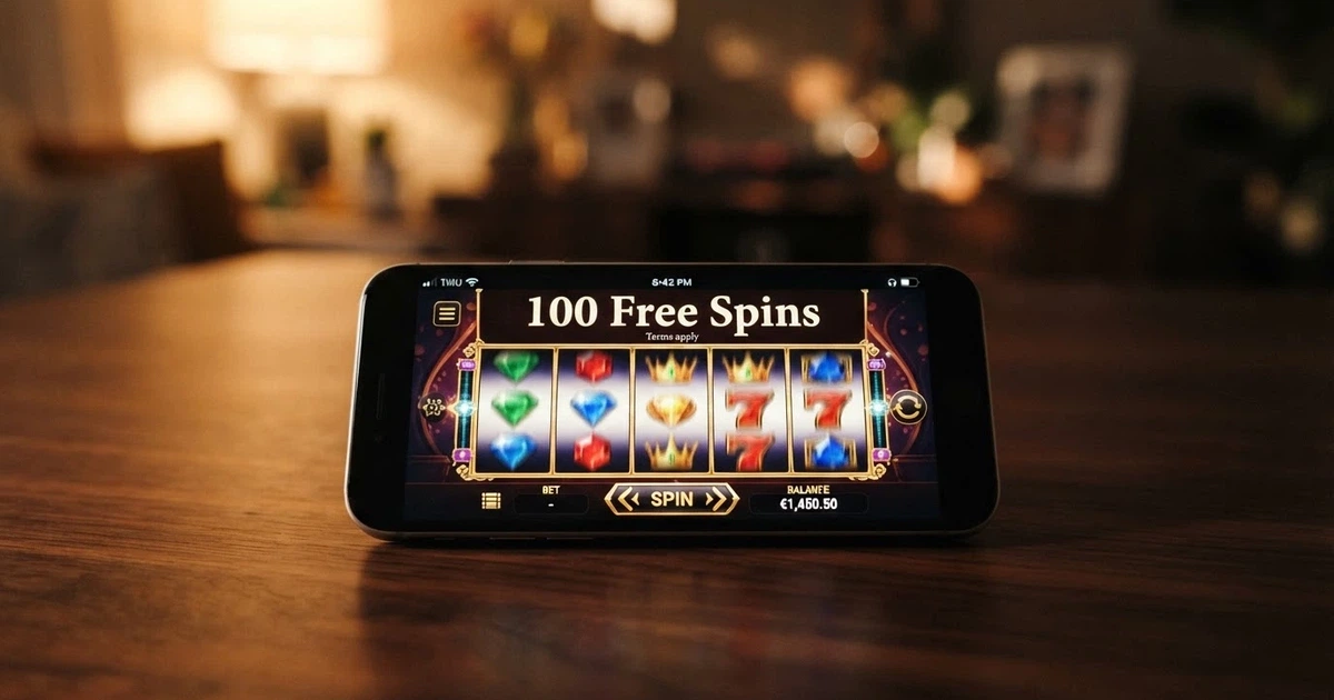 A smartphone screen showing a colourful online pokie game with the words “100 Free Spins” displayed prominently on a promotional banner, with a small “Terms apply” note below