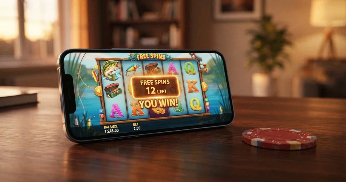 A smartphone screen showing a colourful online pokie slot reels spinning, with “Free Spins” text overlay and Australian dollar symbols