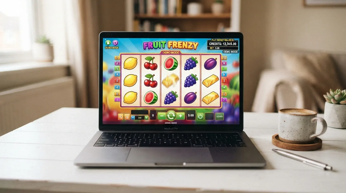 A laptop screen showing a 1spin4win demo slot with a play-money balance visible in the corner