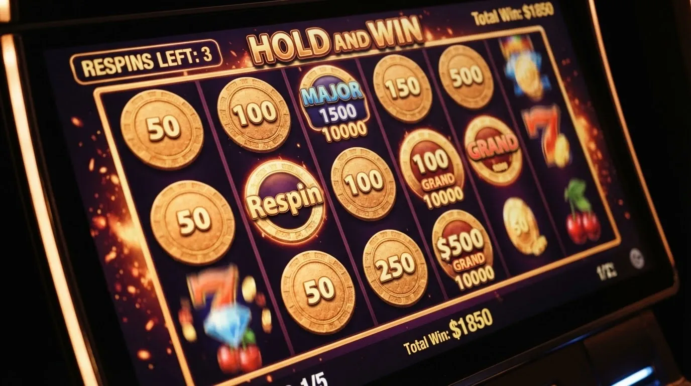 A close-up of a 1spin4win Hold and Win bonus round with coin symbols landing on the reels