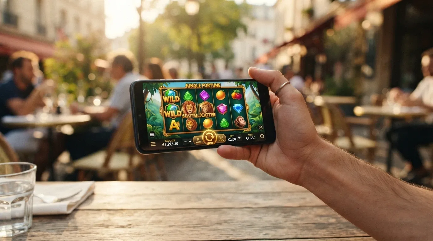 A smartphone held in landscape mode displaying a 1spin4win slot with touch controls visible