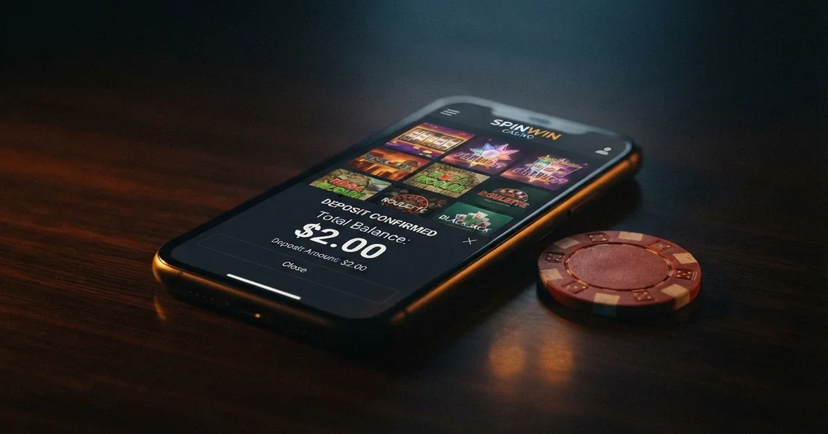 A smartphone screen showing an online casino lobby with a deposit screen open and a two-dollar coin resting beside the phone on a dark surface