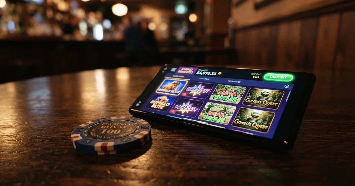 A stack of Australian $20 notes beside a smartphone displaying an online casino lobby with pokies tiles and a deposit button