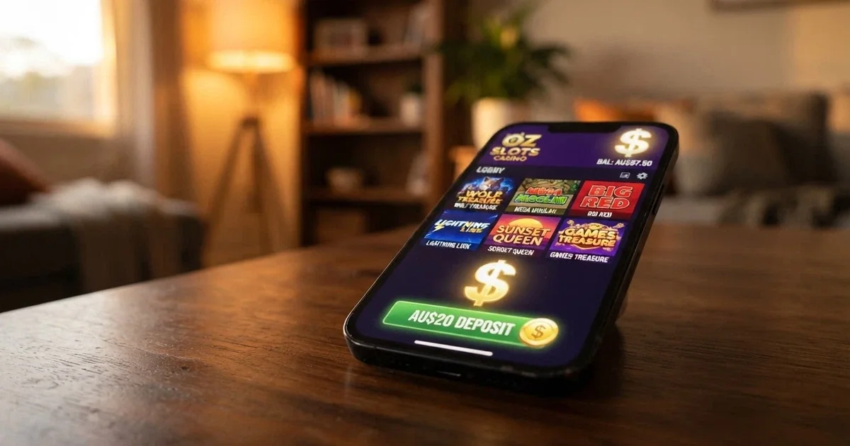 A smartphone screen showing an online pokies lobby with a AU$20 deposit button highlighted, Australian dollar symbol visible, pokies reels in the background