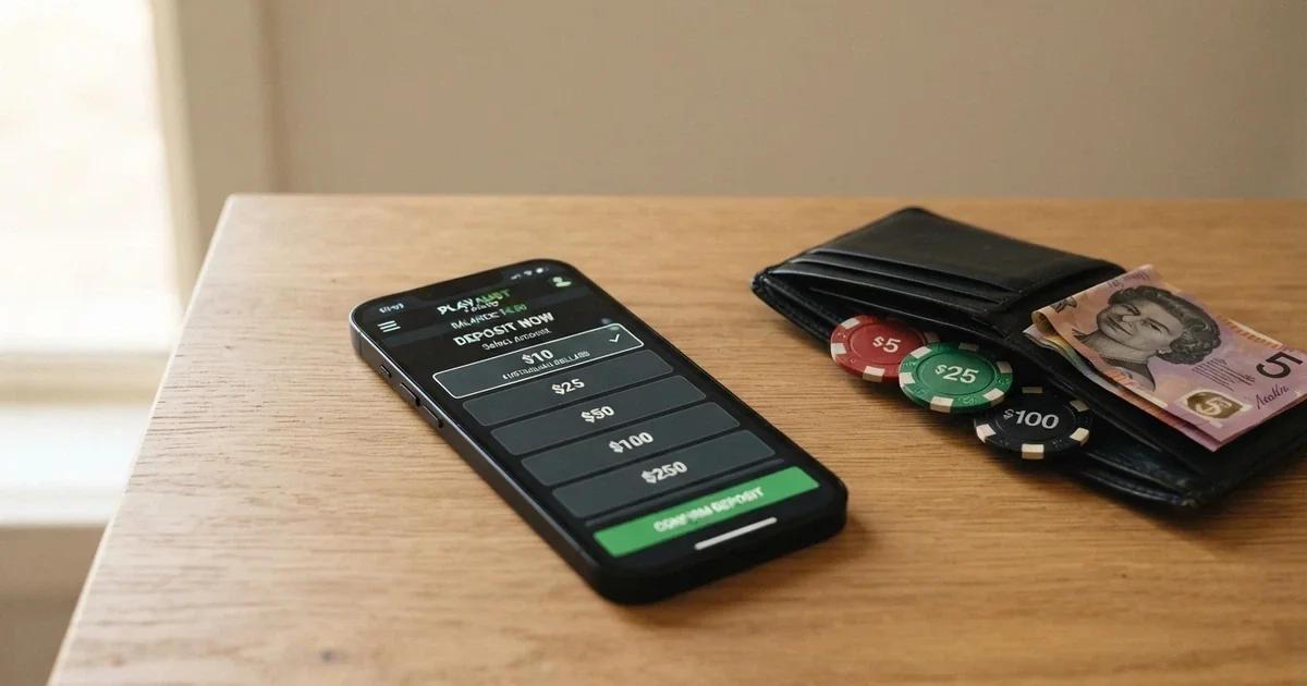A smartphone screen showing an online casino cashier page with several deposit amount options displayed, the lowest reading AU$10, on a desk beside a wallet with Australian banknotes