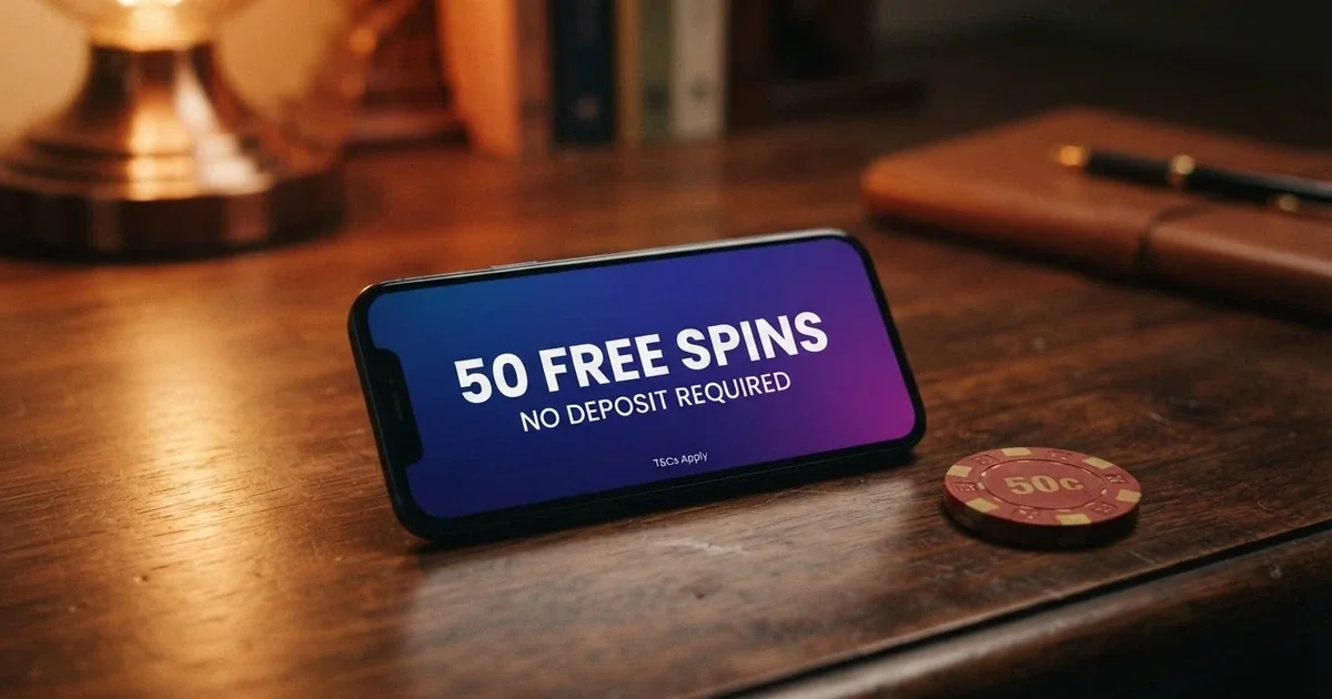 A smartphone screen displaying a casino promotion banner for 50 free spins no deposit, with a small-print terms link visible beneath