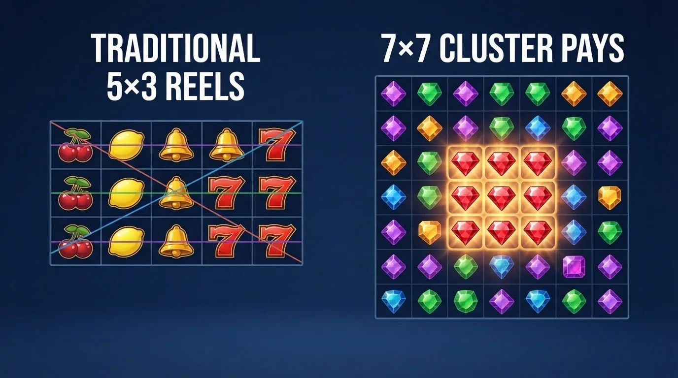 A side-by-side comparison graphic — a traditional 5×3 reel grid on the left with paylines marked, and a 7×7 cluster-pays grid on the right with a winning cluster highlighted