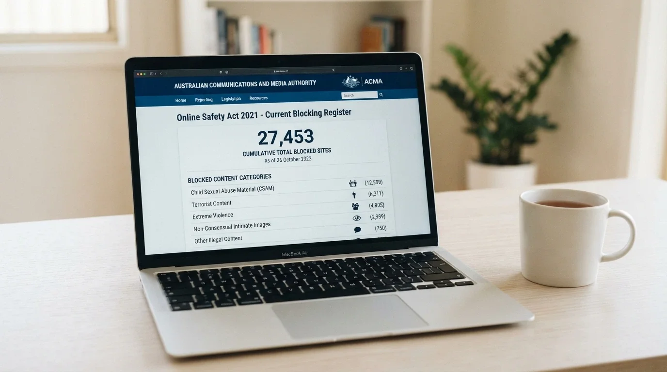 The ACMA website with its blocking register visible, showing the cumulative count of illegal gambling sites blocked since 2019