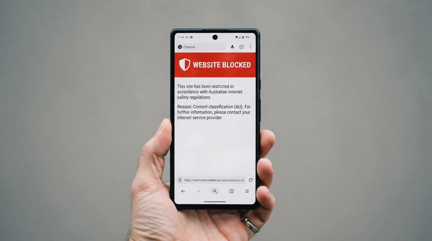 An Android phone screen displaying a browser window with an ACMA website-blocking notice and the Australian Government coat of arms visible