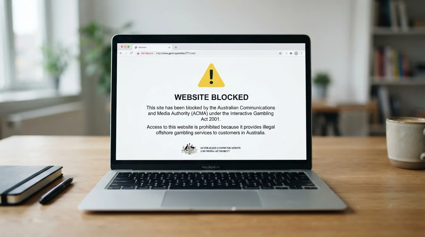 A browser window displaying the ACMA website-blocked notice for an illegal offshore gambling site