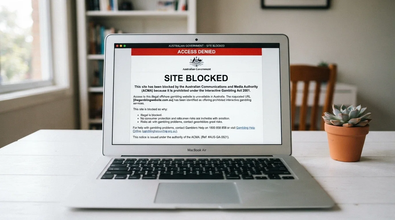 A browser window displaying an ACMA blocking notice for an illegal offshore gambling website, with the ACMA logo visible