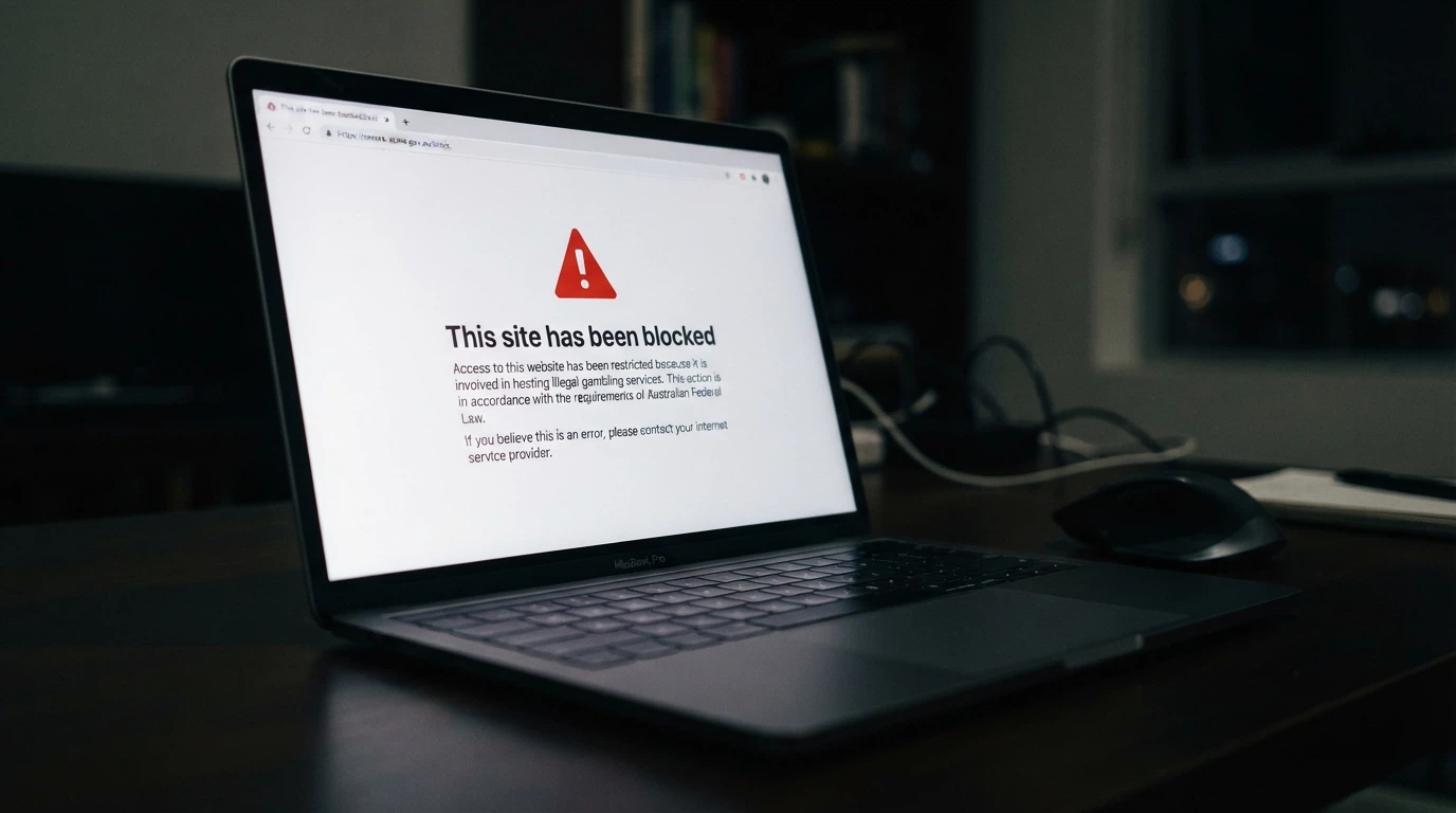 A browser window displaying an ACMA site-blocked notice with the Australian Government crest and a warning that the site is an illegal gambling service