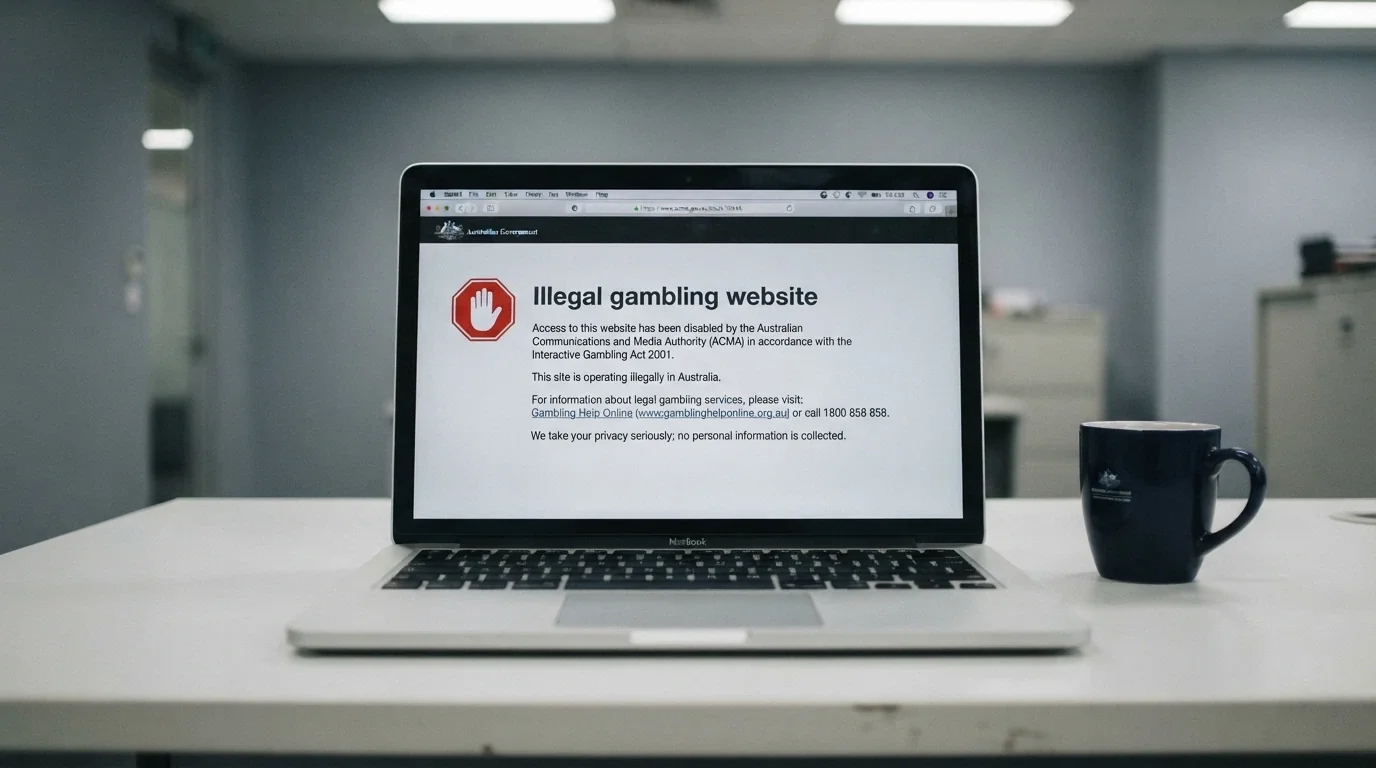 A browser window showing an ACMA blocked-site notice with the Australian Government crest, the words “illegal gambling website” visible and a stop-sign icon