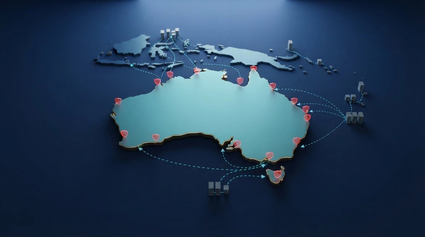 A stylised map of Australia with offshore casino-server icons outside its borders and ACMA enforcement-block markers cutting the connections