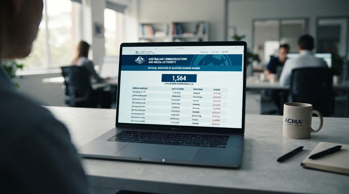 A government-style webpage listing blocked gambling domain names with an ACMA logo and a running counter showing 1,564