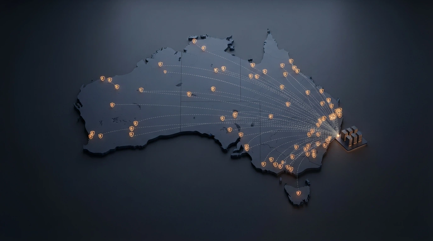 A stylised Australian map with shield icons marking blocked offshore casino domains, connected by dashed lines to server icons offshore