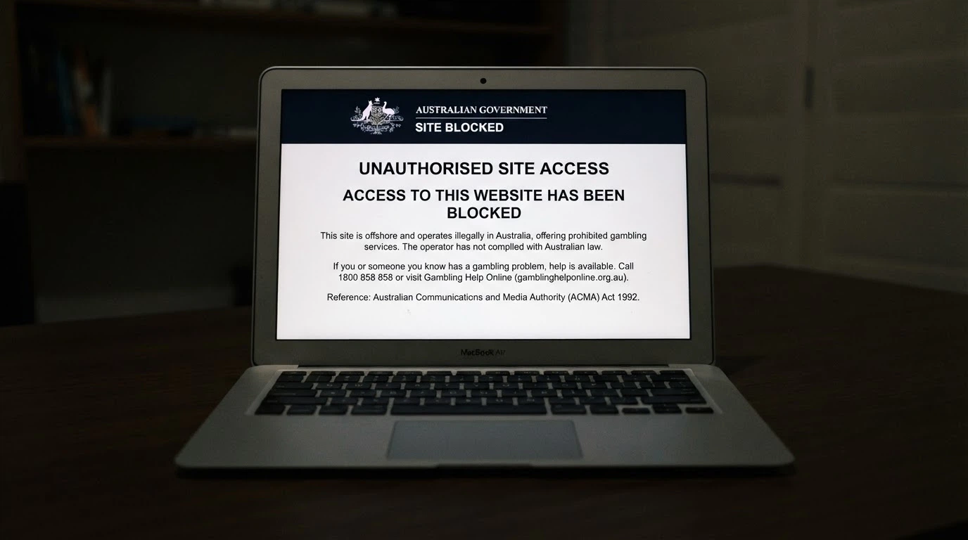 A screen showing the ACMA block page an Australian user sees when trying to reach a blocked offshore gambling site, with the official notice text visible