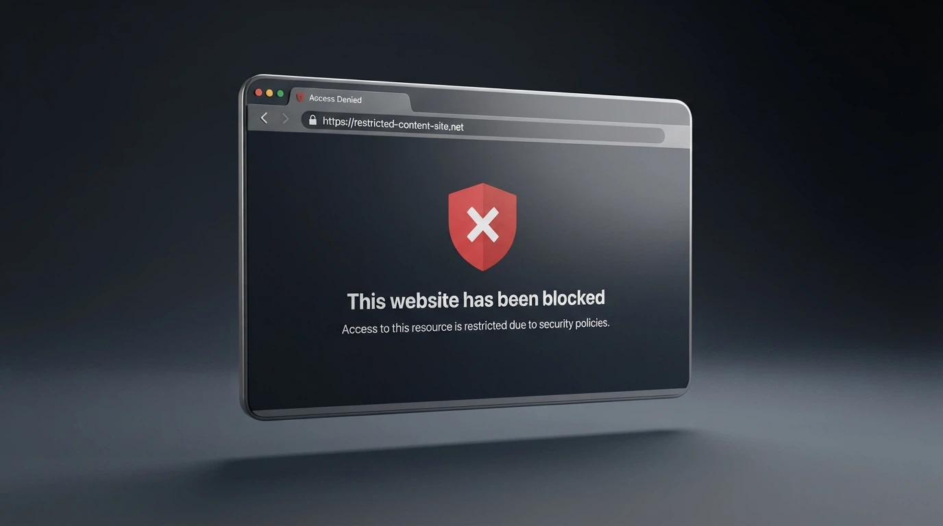 A stylised browser window showing an ACMA blocked-site notice with “This website has been blocked under the Interactive Gambling Act 2001” text