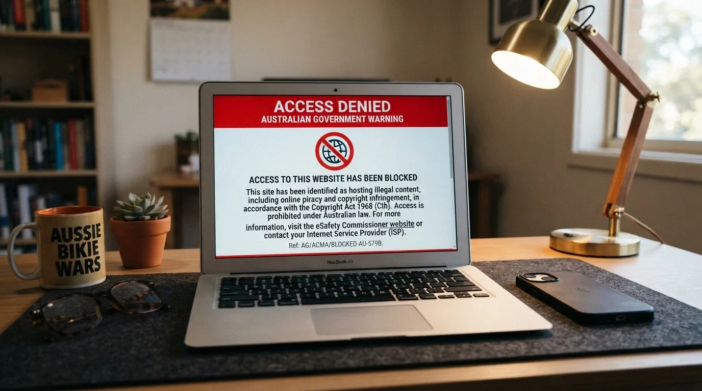 ACMA website-blocking notice displayed in a browser window stating the site is blocked under Australian law