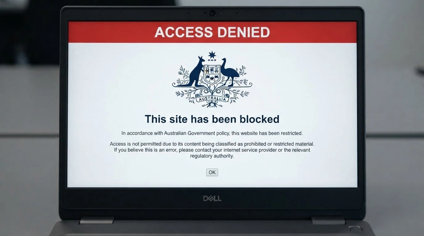 A browser window displaying the ACMA blocking notice that appears when an Australian ISP blocks an illegal gambling site