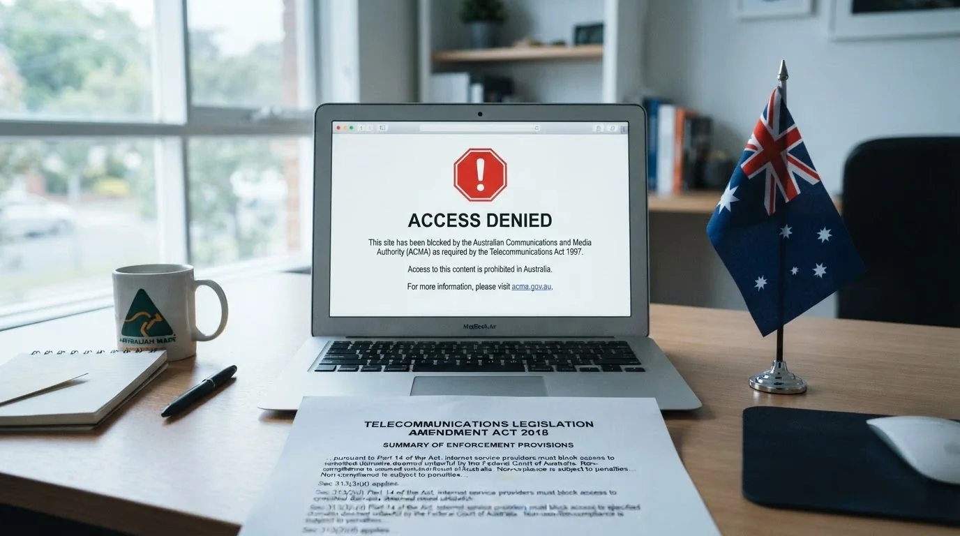 A browser window showing the ACMA website-blocking notice page beside the Interactive Gambling Act 2001 document on a second screen
