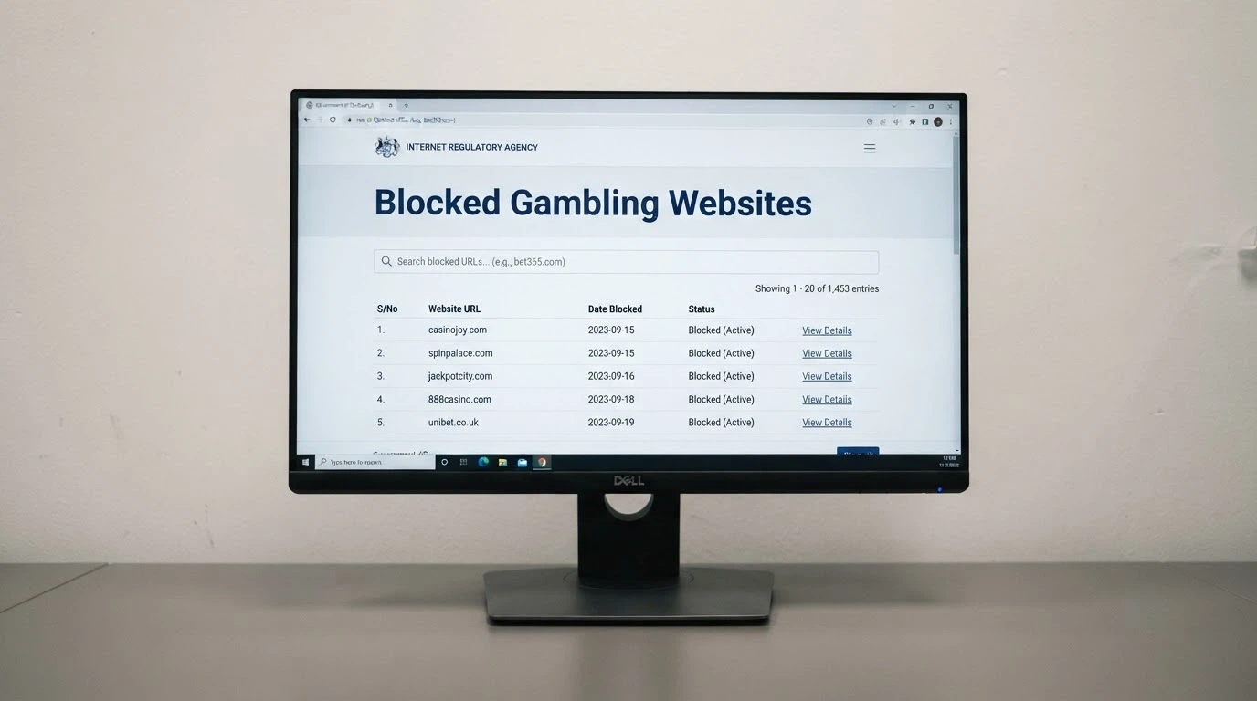 Official ACMA webpage header with “Blocked Gambling Websites” title visible on a desktop screen