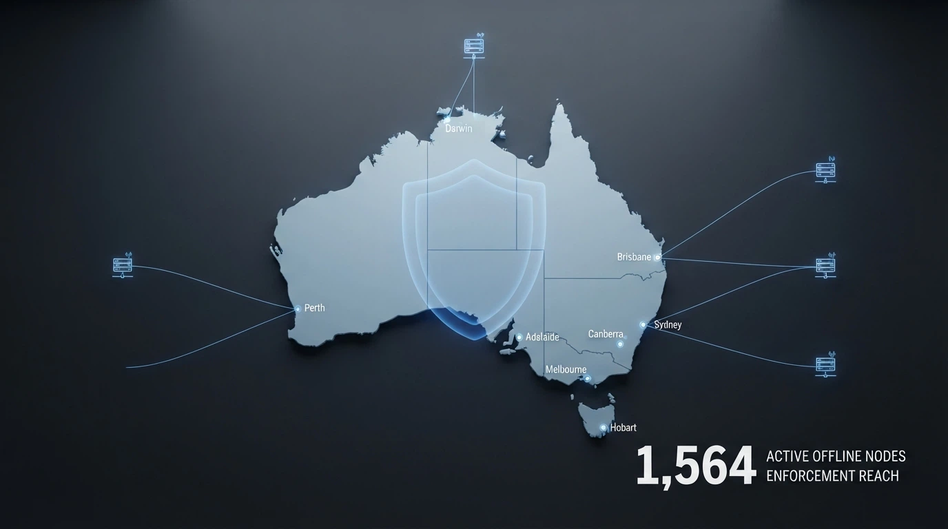 A map of Australia with lines radiating outward to offshore casino servers, overlaid with the ACMA logo and the figure “1,564 sites blocked”