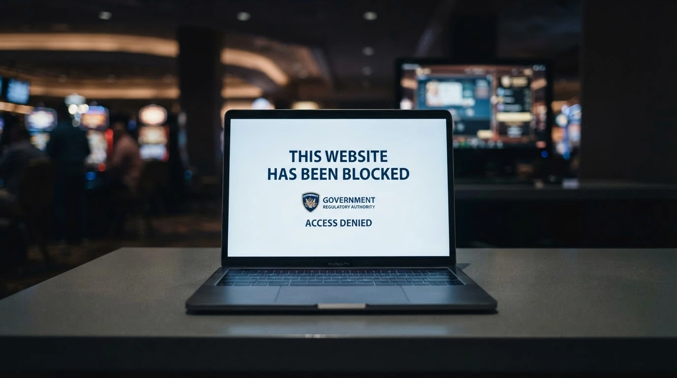 A computer screen displaying an ACMA blocking notice with the text “This website has been blocked” visible, overlaid on a dimmed casino homepage in the background.