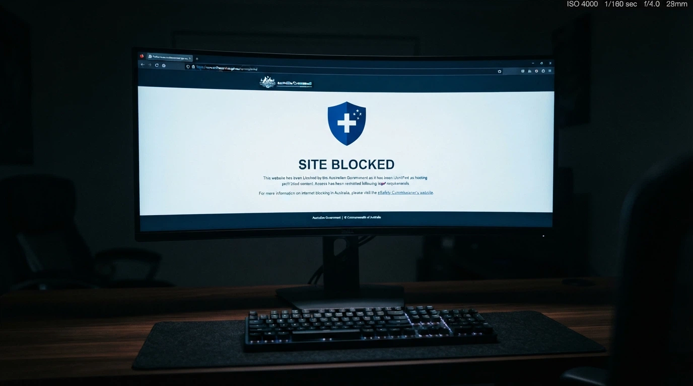 A browser window displaying an ACMA site-blocking notice against a dark background with the Australian Government crest