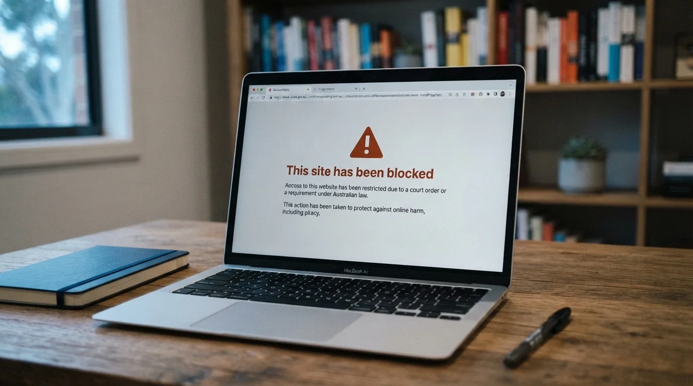 A laptop screen showing an ACMA-blocked-site notice from an Australian ISP, with the ACMA logo and a “site blocked” message