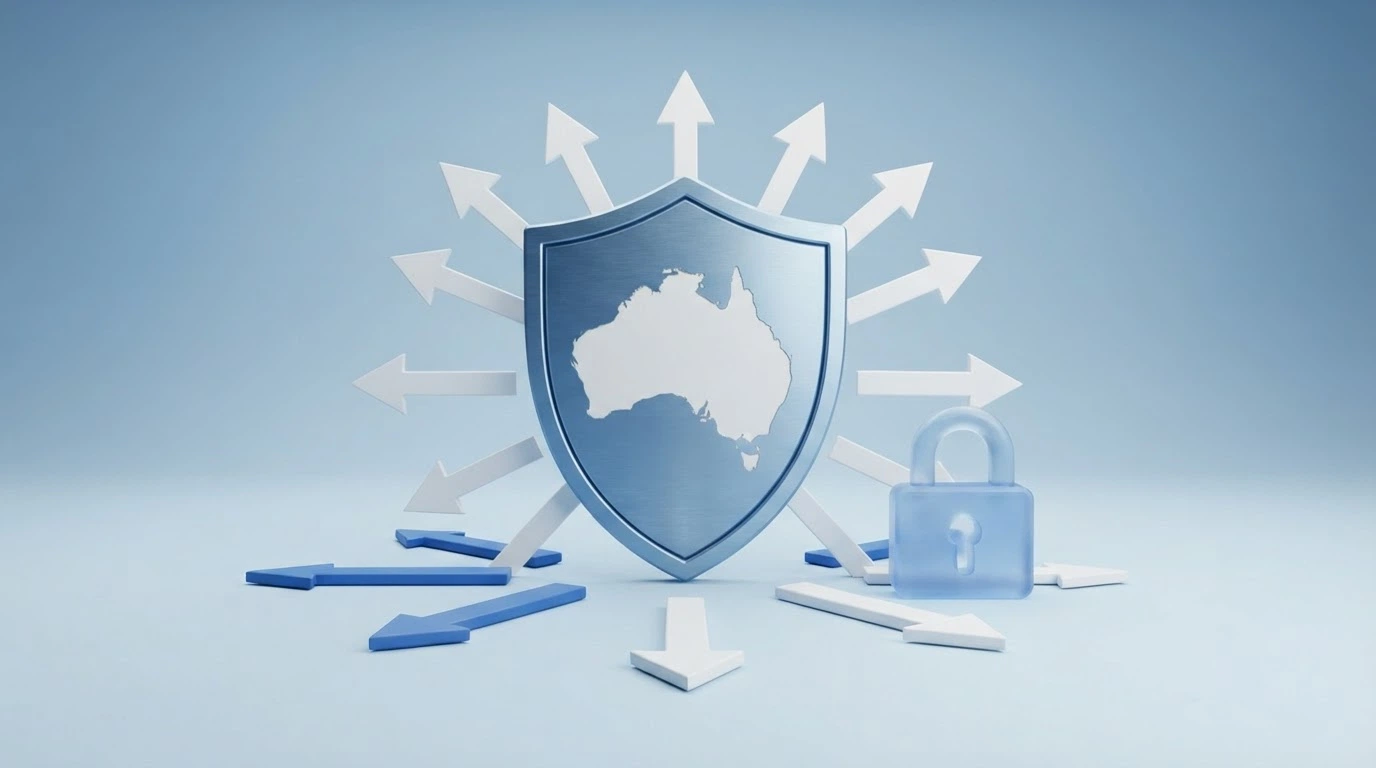 A composition showing the ACMA website's blocked-sites register page beside a simplified diagram of Australia with arrows representing ISP-level DNS blocking, rendered in government-communications blue and white