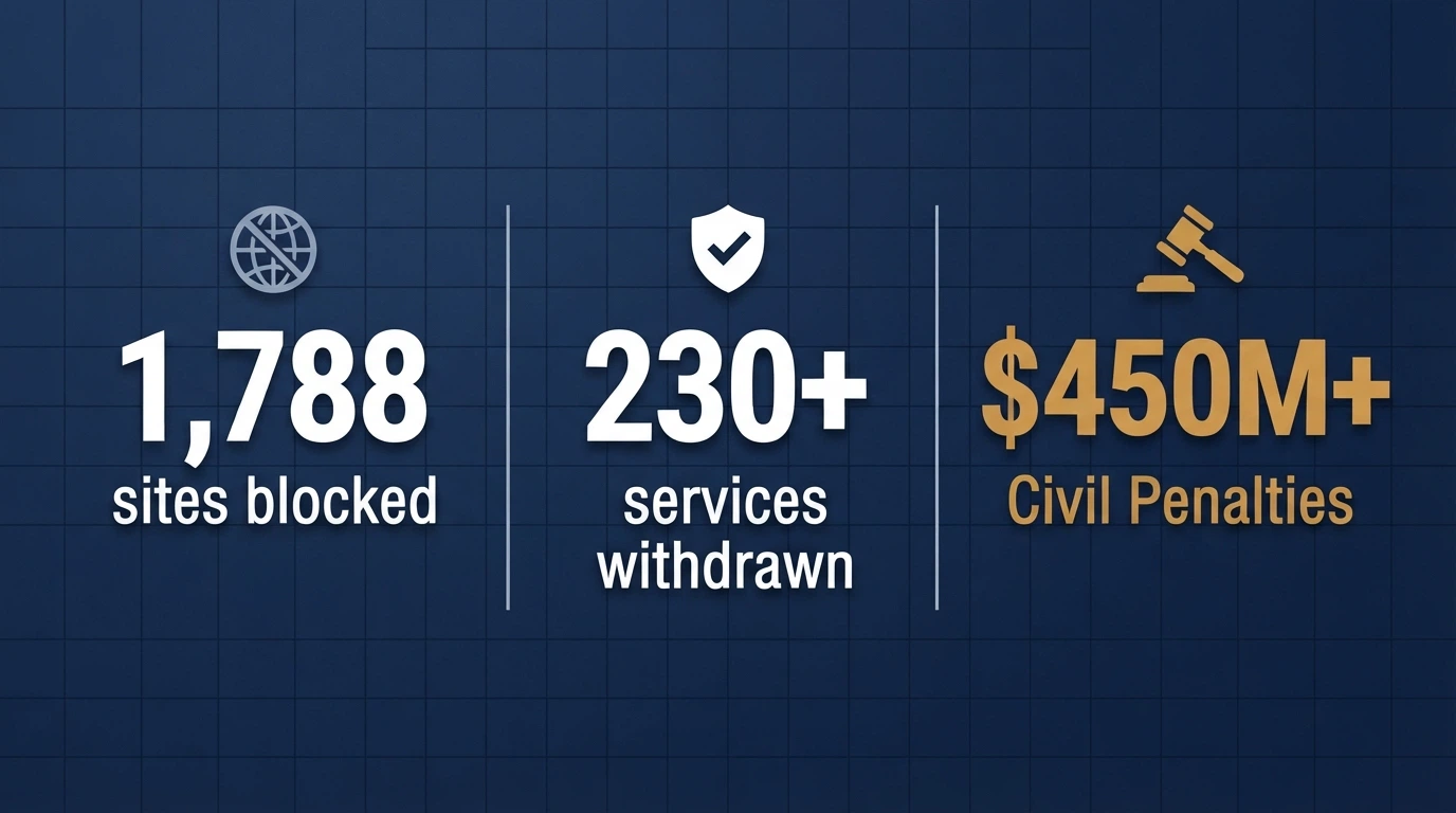 A visual showing the ACMA enforcement scale: 1,788 sites blocked, 230+ services withdrawn, and the civil penalty figures
