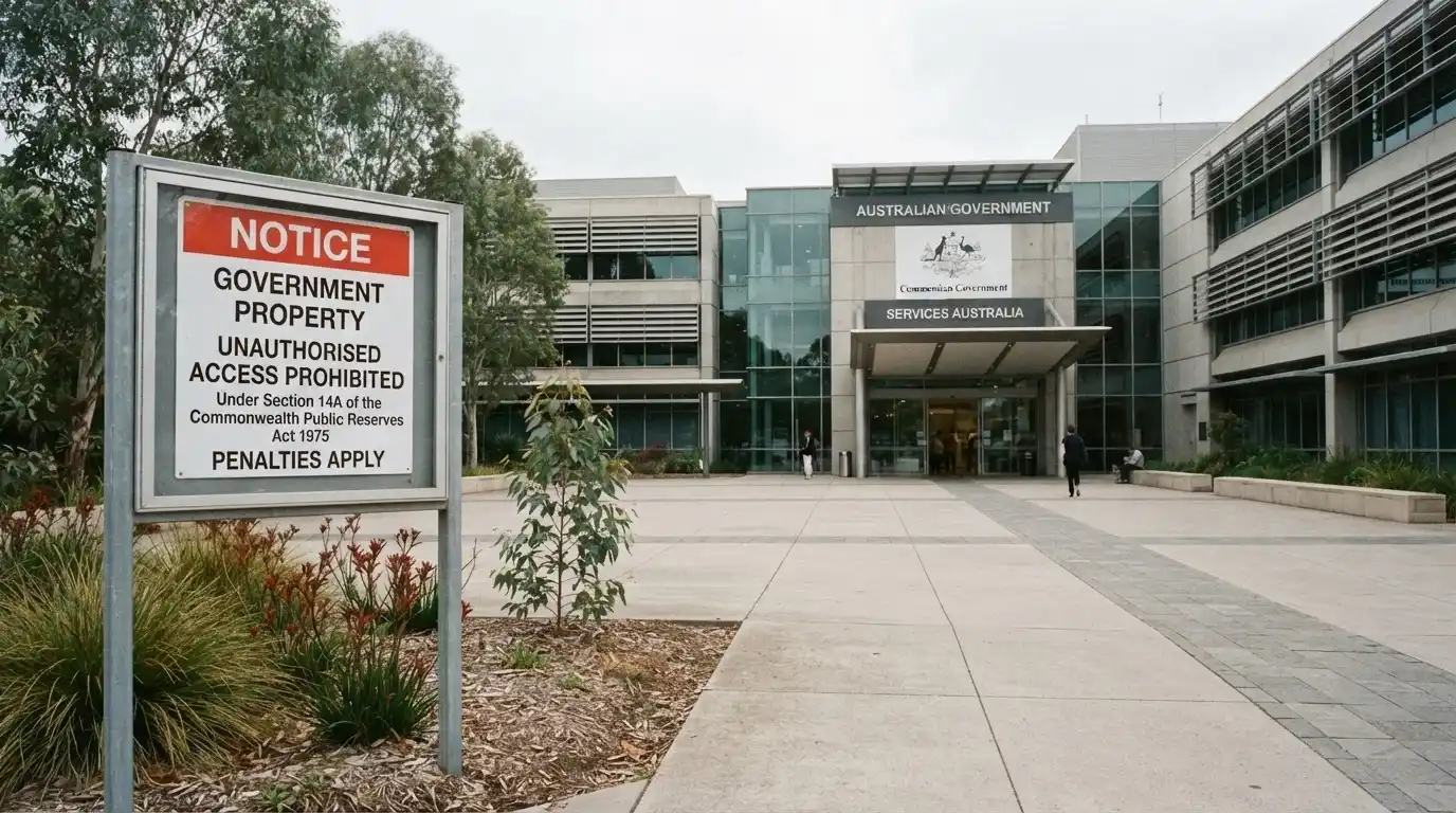 An Australian government building or the ACMA logo on a screen, beside a warning-style notice referencing the Interactive Gambling Act