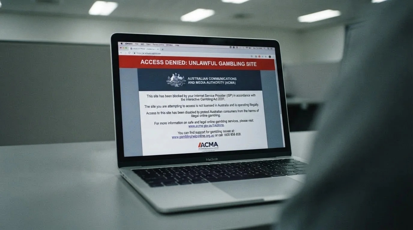 An ACMA webpage or blocking notice displayed in a browser, referencing the Interactive Gambling Act
