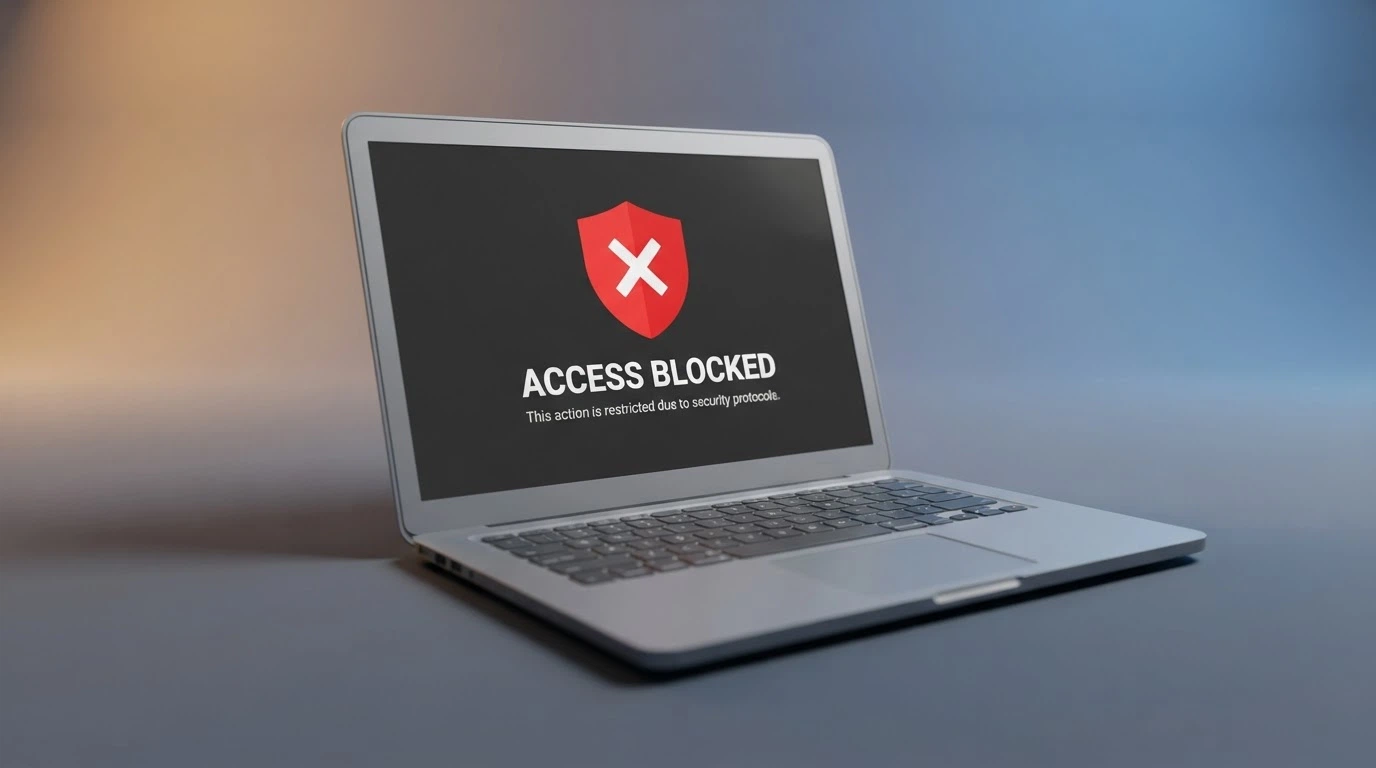 A graphic showing the ACMA logo beside a browser window displaying the “This website has been blocked” notice served by Australian ISPs under ACMA direction
