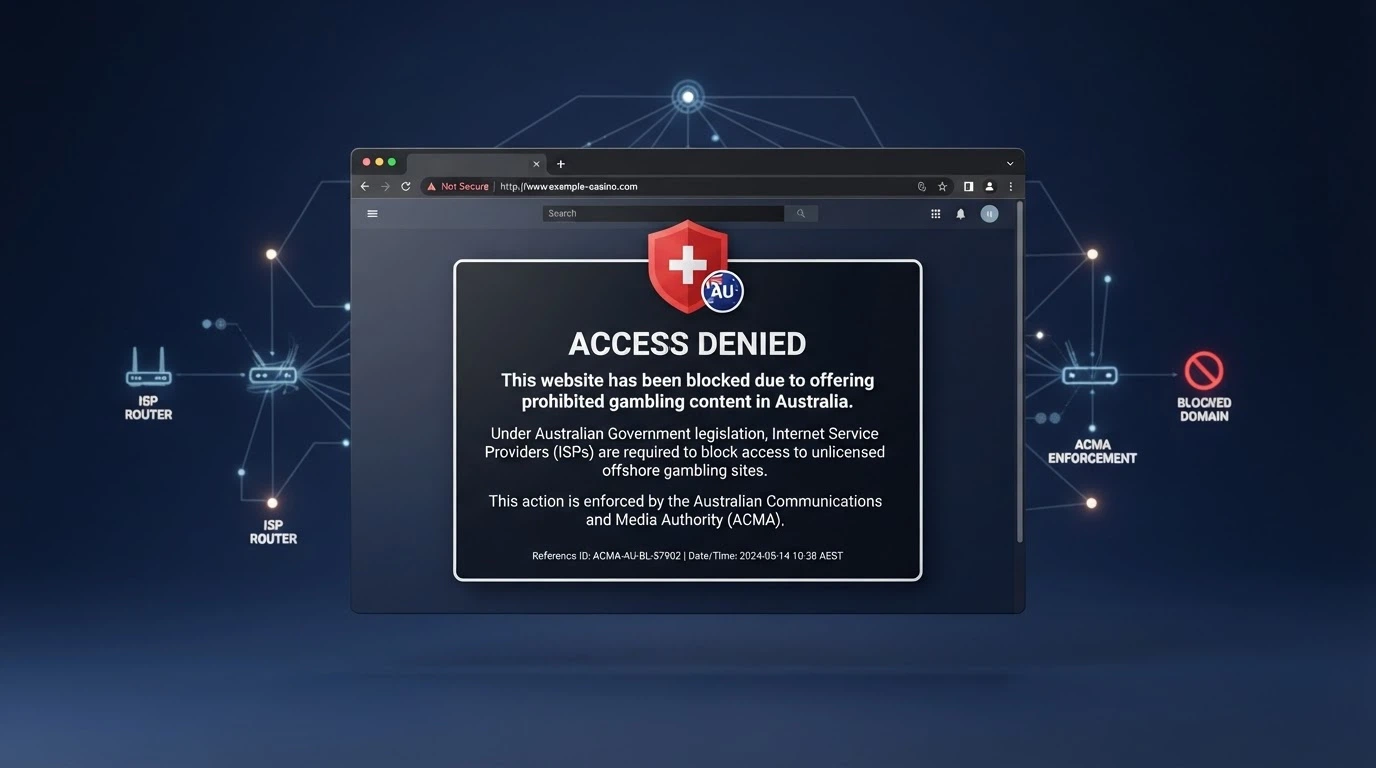 A graphic showing the ACMA site-blocking process with an ISP block screen appearing when accessing a prohibited gambling site