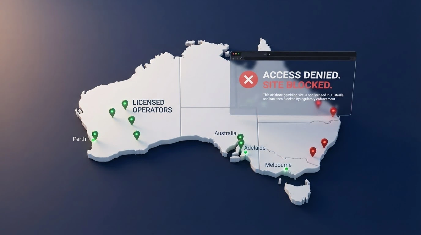 A stylised map of Australia with licensed-operator markers on one side and a blocked-site warning screen overlaid on offshore-operator markers on the other