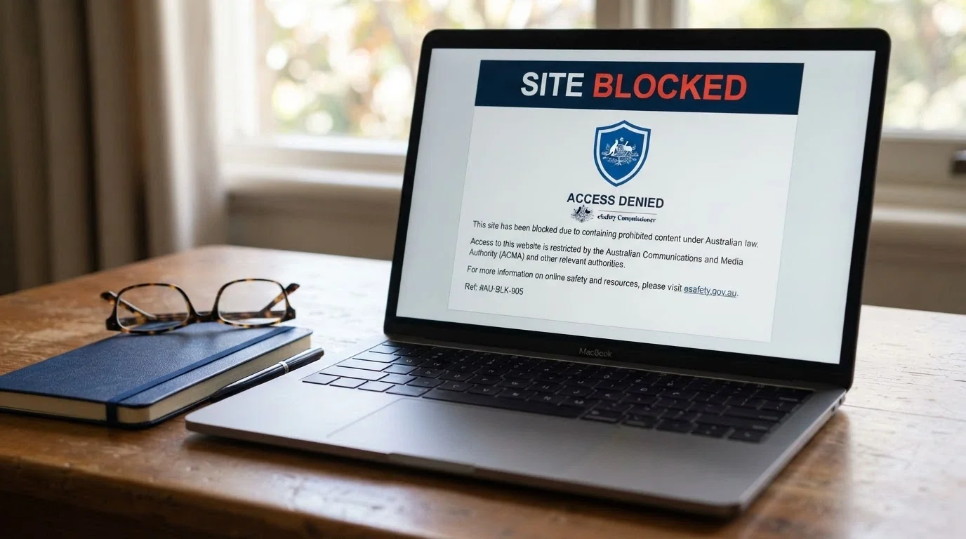 A browser window showing an ACMA-blocked-site notice — the official Australian government page that appears when an ISP blocks an illegal gambling site