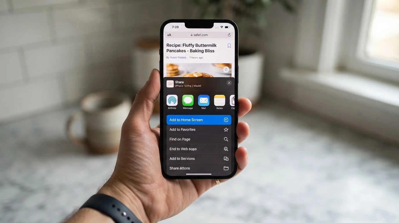iPhone Safari browser showing the Share menu with “Add to Home Screen” option highlighted