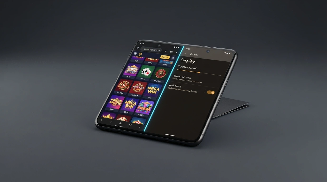 A split-screen view of an Android phone: on the left, a Chrome browser tab open to a casino instant-play lobby; on the right, the Android settings screen showing the “install unknown apps” toggle