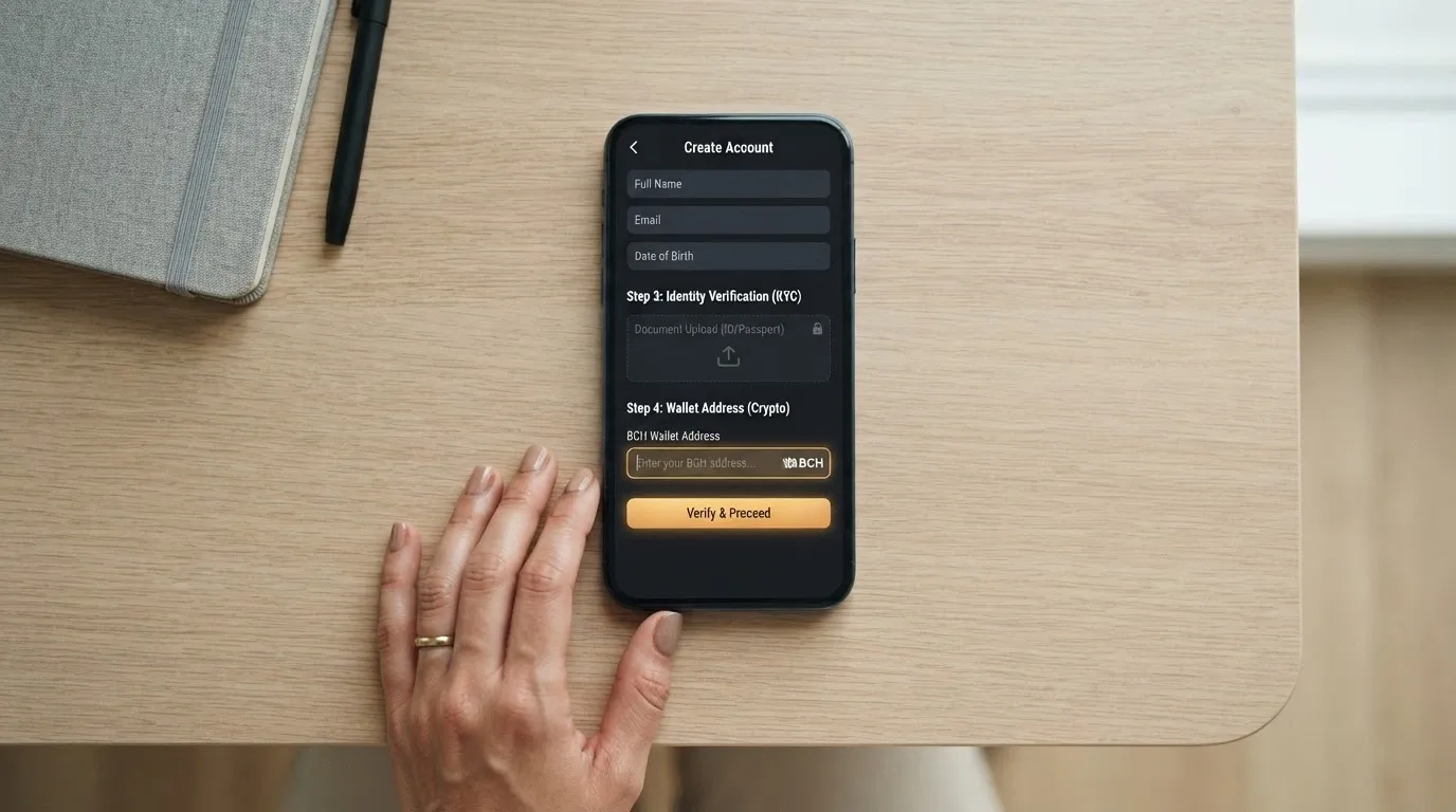 A casino sign-up screen with the KYC document-upload section greyed out and a BCH wallet address field active instead