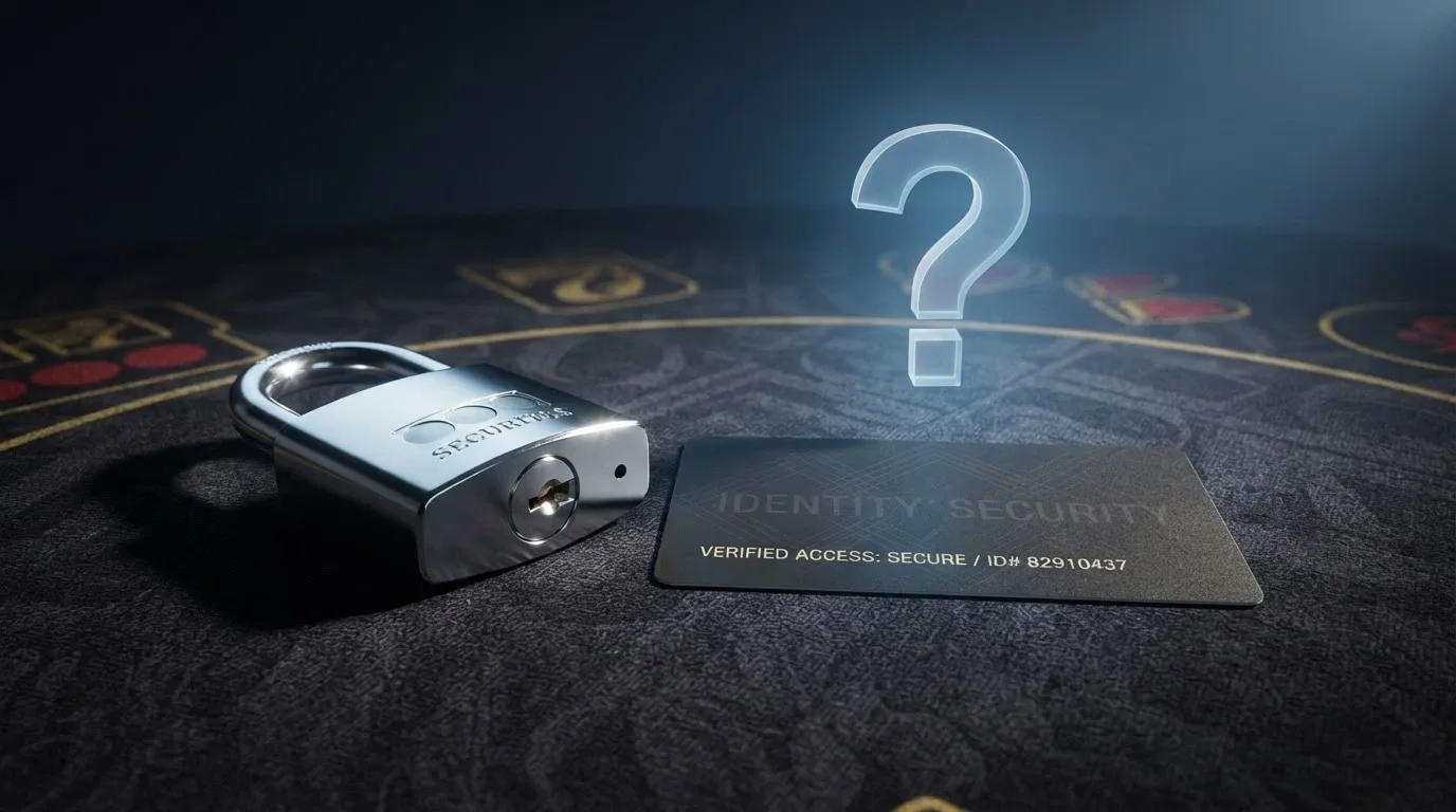 A padlock icon beside an identity document with a question mark, set on a dark casino-themed background