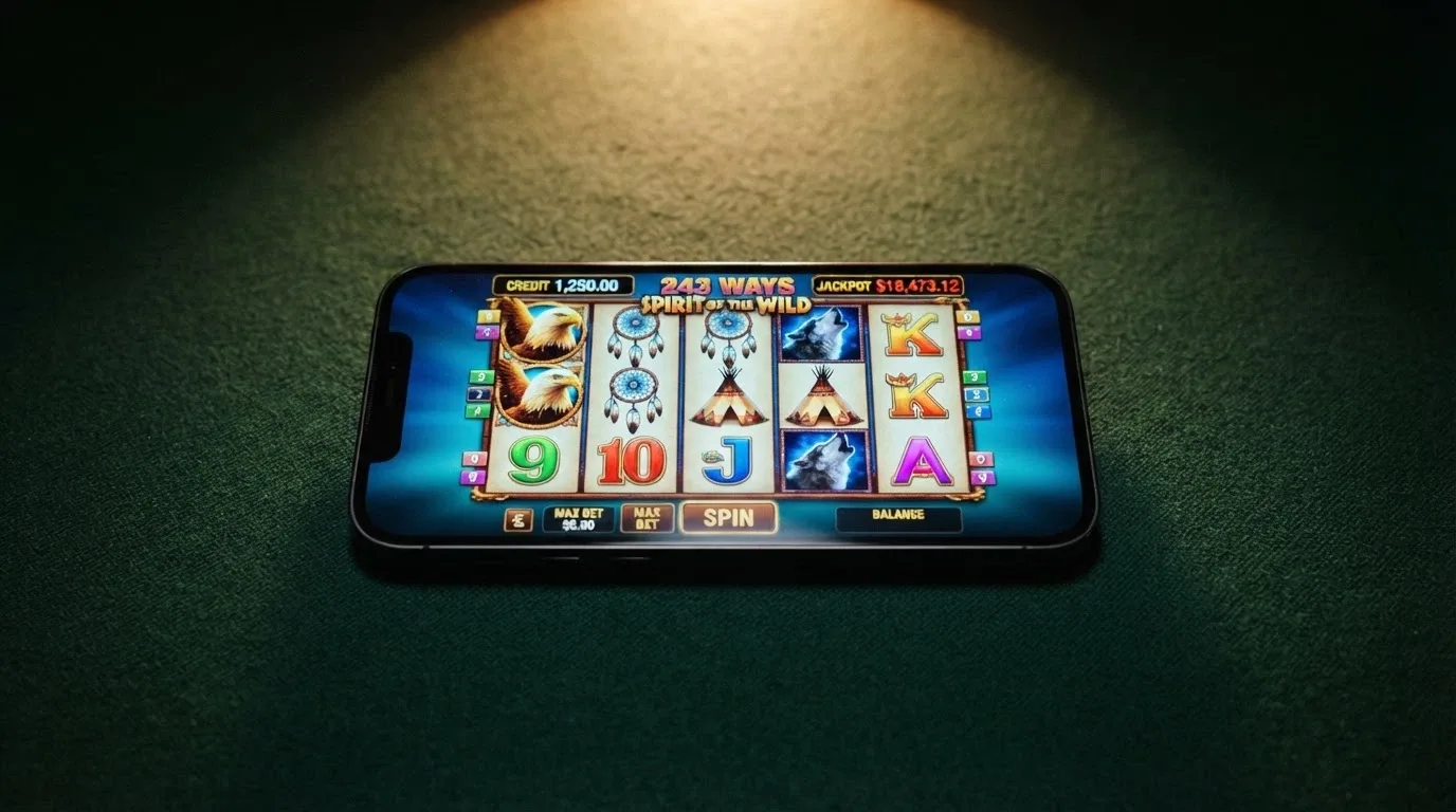A mobile phone screen showing an Aristocrat pokies title — Indian Dreaming — in landscape mode, with the 243-ways-to-win banner and the dreaming progressive visible