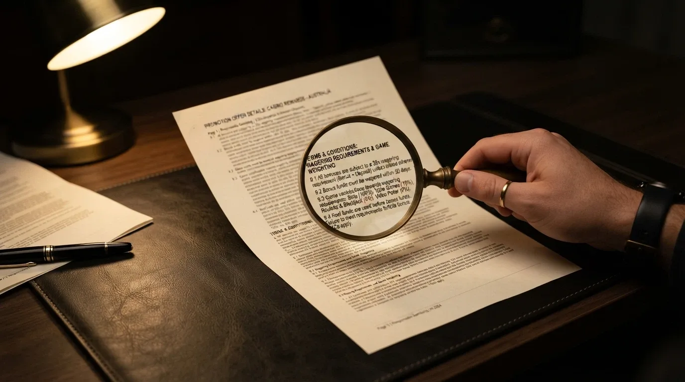 close-up of bonus terms and conditions text with a magnifying glass highlighting wagering-requirement and game-weighting clauses