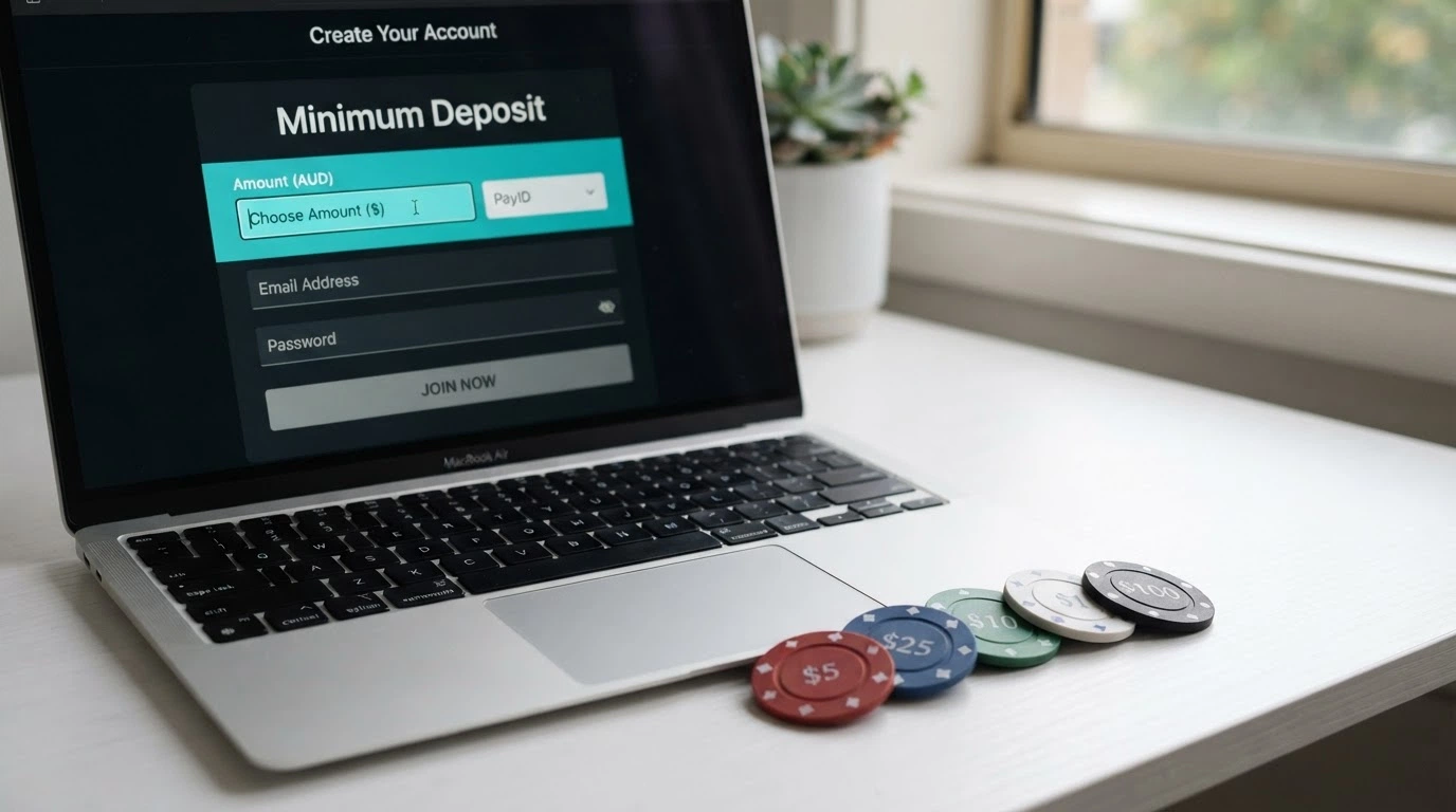 Five Australian one-dollar coins fanned beside a laptop showing a casino registration form with a deposit-amount field