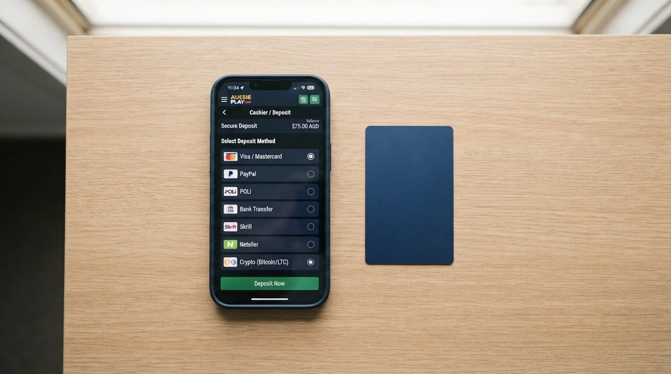 A smartphone displaying a casino cashier screen with AUD deposit methods and a bank card beside it