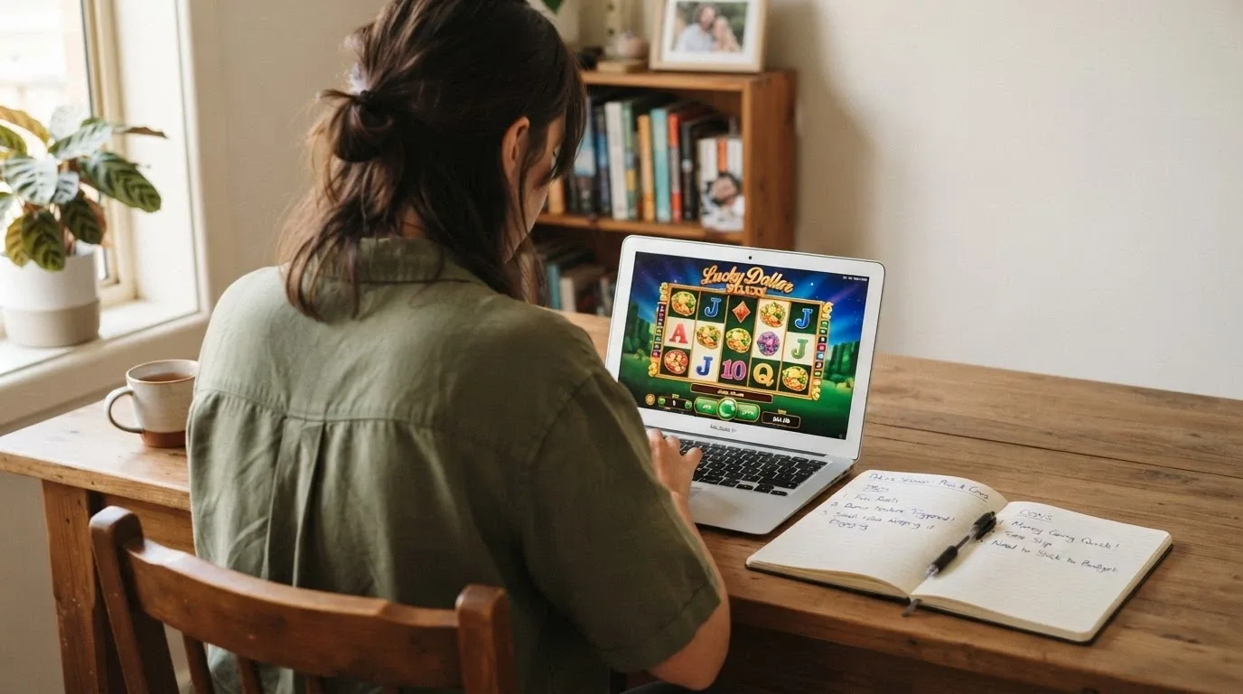 Australian player looking at a laptop screen showing online pokies alongside a notepad with pros and cons listed