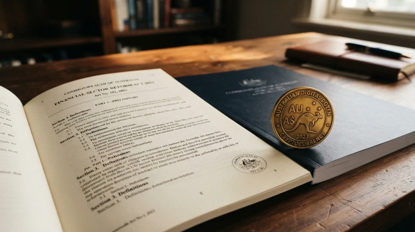 A copy of Australian legislation with a Bitcoin token resting on the cover and the ACMA logo visible