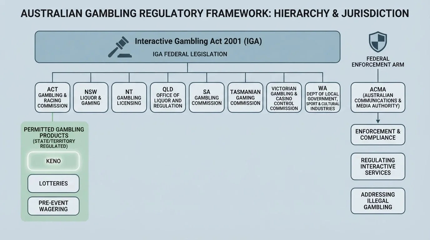 A clean diagram showing the Australian gambling regulatory structure: the IGA at the top, state/territory licensing bodies below, and the ACMA enforcement arm on the side — with keno highlighted in the permitted-products column
